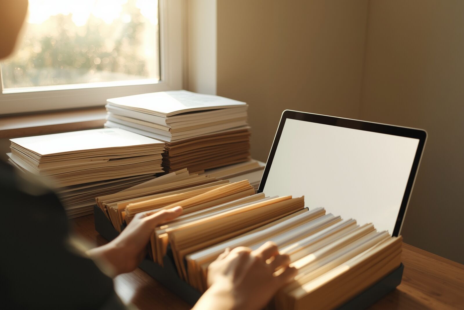 Hands sorting a drawer of paper folders on an office desk in morning light, with stacks of files and an open laptop beside them.